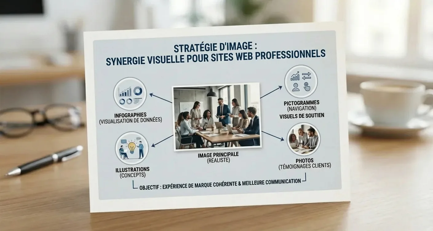 Infographie: synergie entre image principale et visuels secondaires pour stratégie SEO visuelle de sites professionnels.