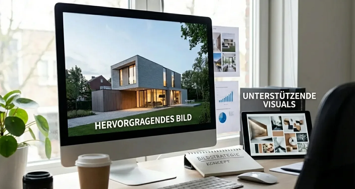 Nahaufnahme vom professionellen Arbeitsplatz: Bildschirm präsentiert effektive Bildstrategie mit authentischem Titelbild und passenden Visuals.