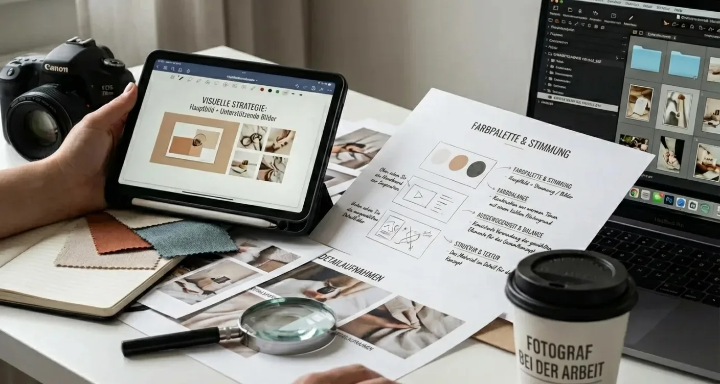 Fotograf optimiert Bildstrategie für SEO: Nahaufnahme mit Fokus auf authentische Featured Images und unterstützende Visuals.