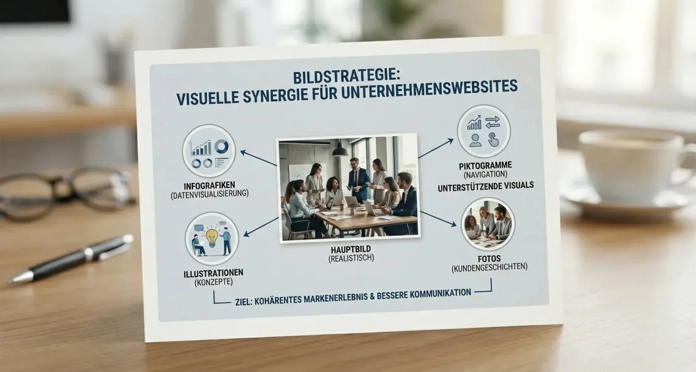 Infografik Bildstrategie: Zusammenspiel von Featured Image & sekundären Grafiken für authentische Unternehmenswebseiten.