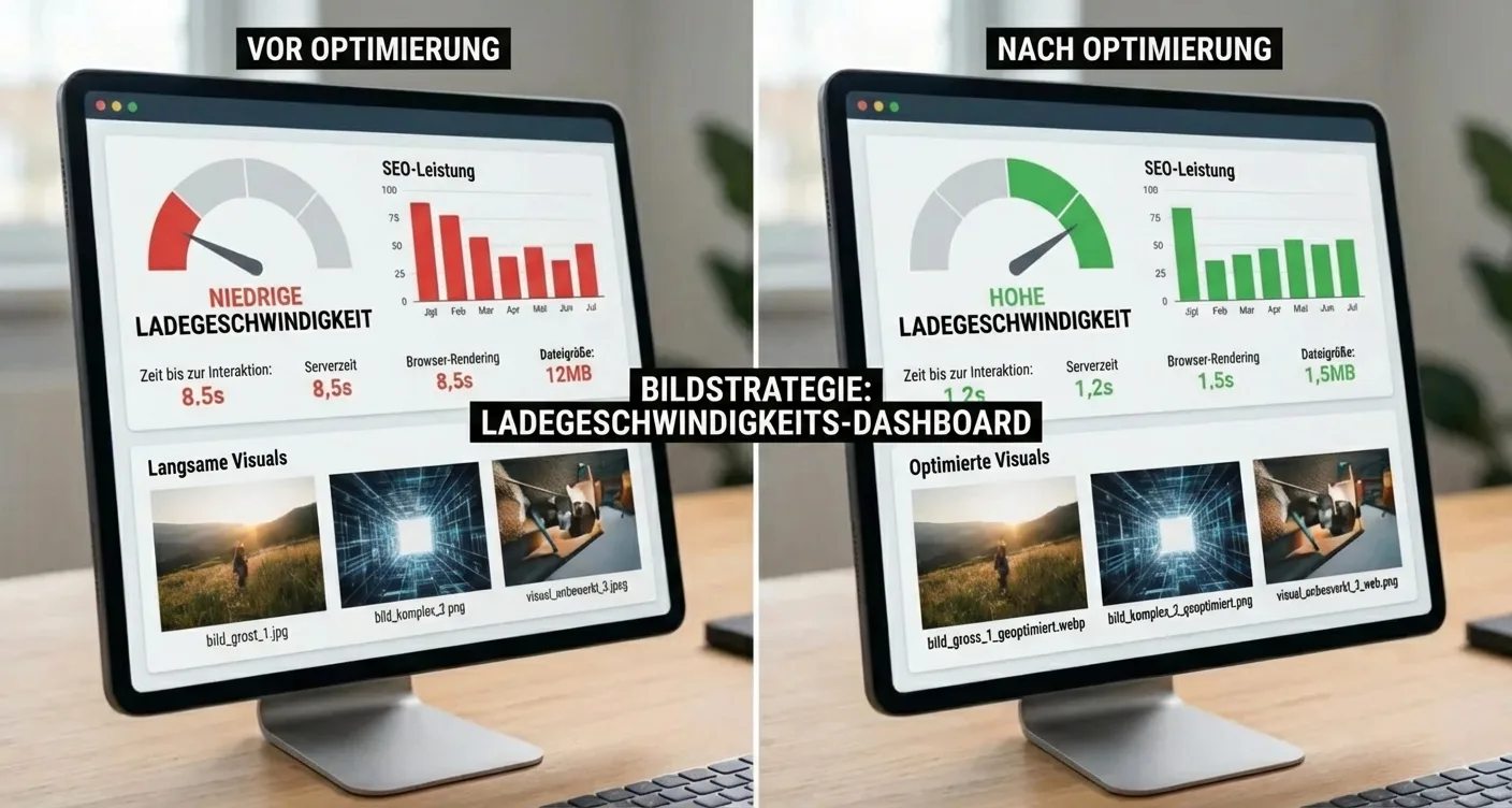 Bildstrategie-Dashboard mit Vergleich authentischer Featured Images: Ladezeiten vor/nach technischer SEO-Bildoptimierung für schnellere Website.