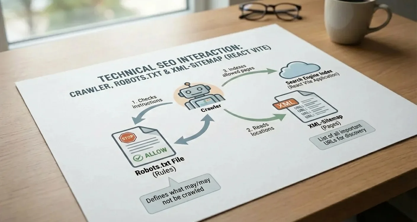 Technische SEO-Infografik: Crawling und Indexierung von React Vite Websites mit robots.txt und XML-Sitemap