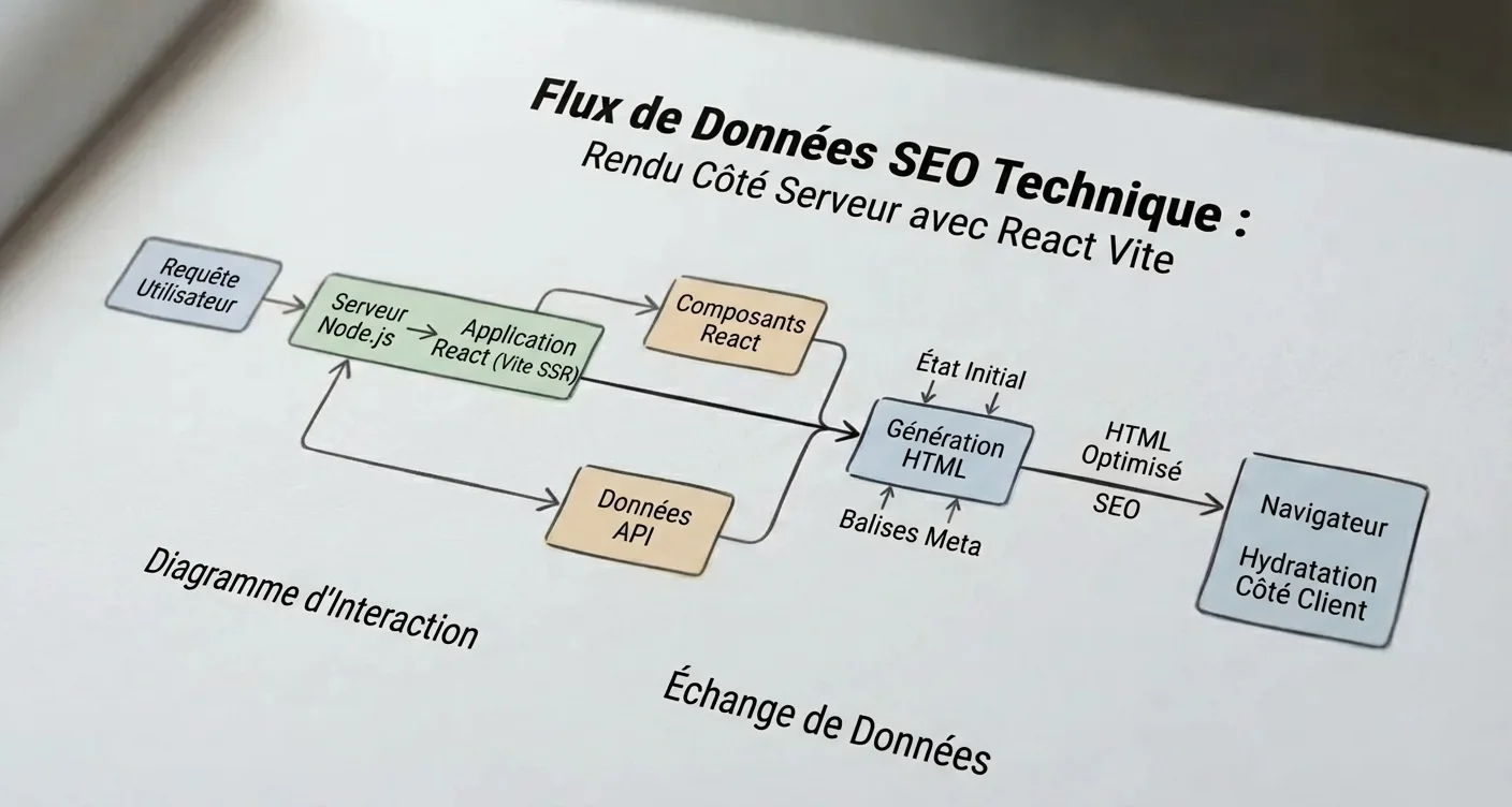 Infographie sur le flux de données SEO technique React Vite avec rendu côté serveur (SSR).
