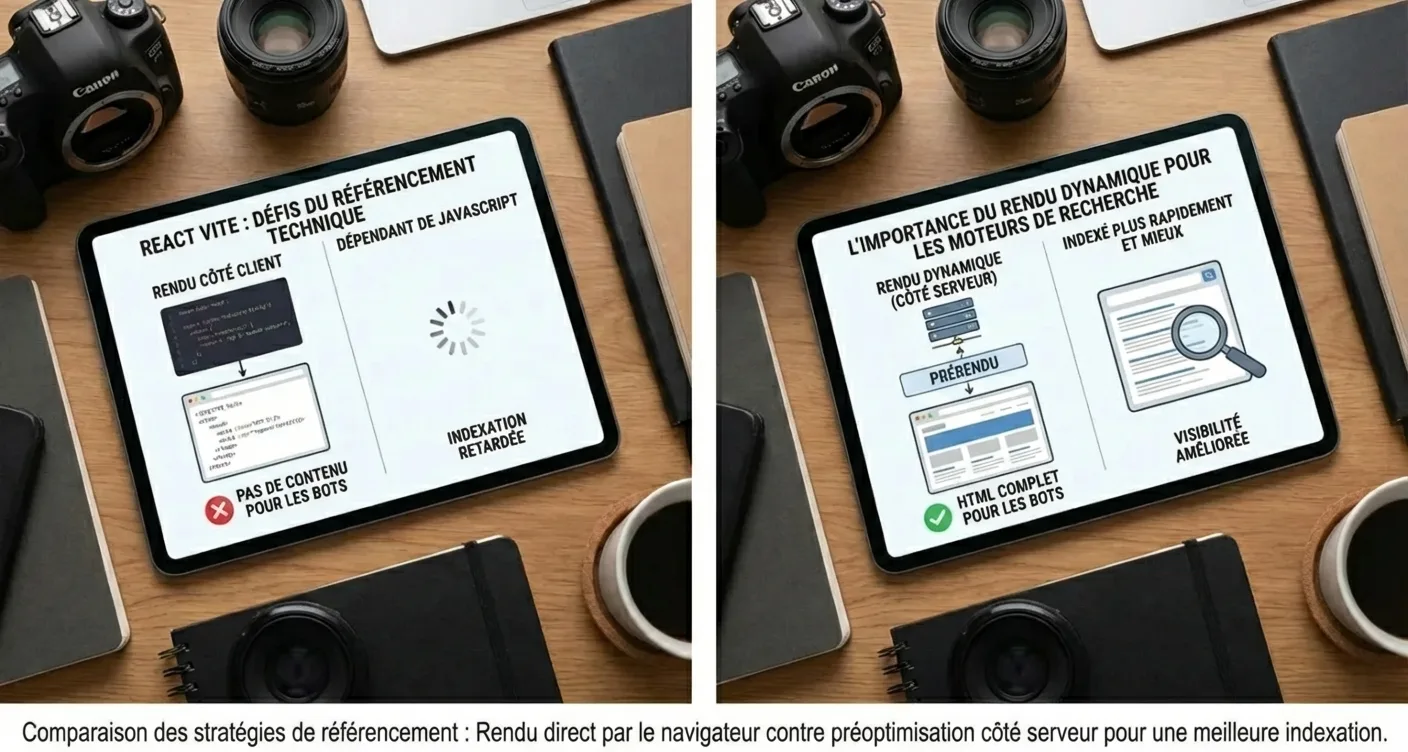 Comparaison du SEO technique React Vite et de l'approche classique de référencement.