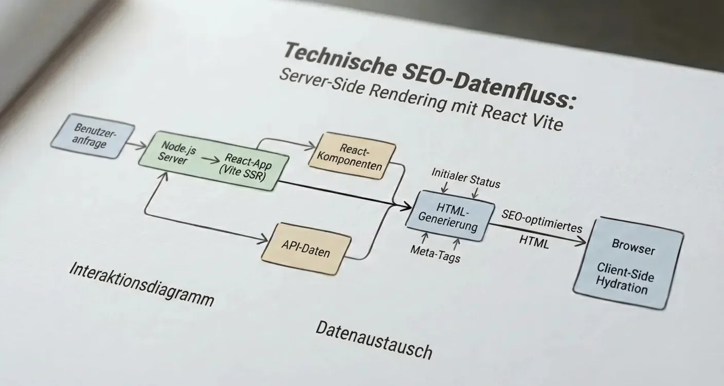 Infografik: Technisches SEO Datenfluss für React Vite SSR. Visualisiert Node.js Server & React Komponenten Interaktion.