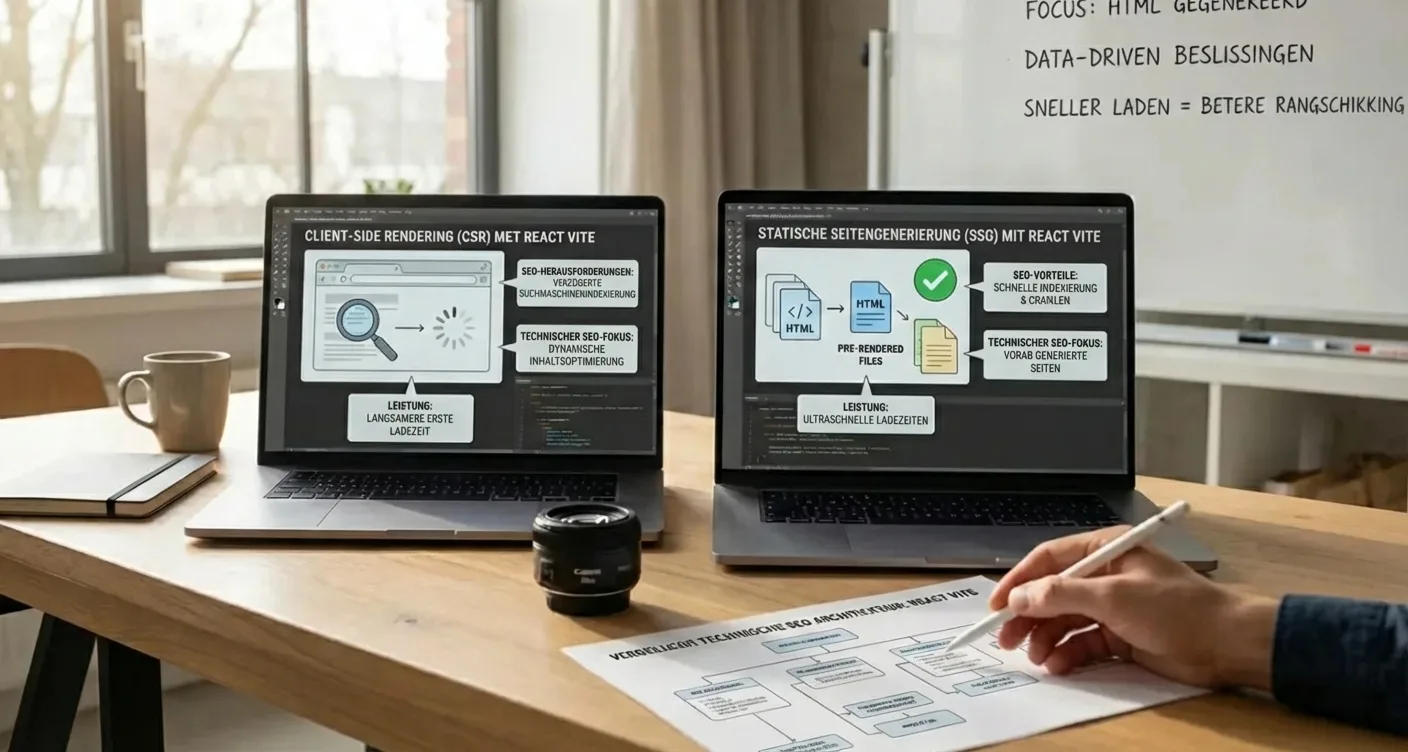 Technisches SEO für React Vite: Vergleich von Client-Side Rendering (CSR) und Static Site Generation (SSG) zur Leistungsoptimierung.