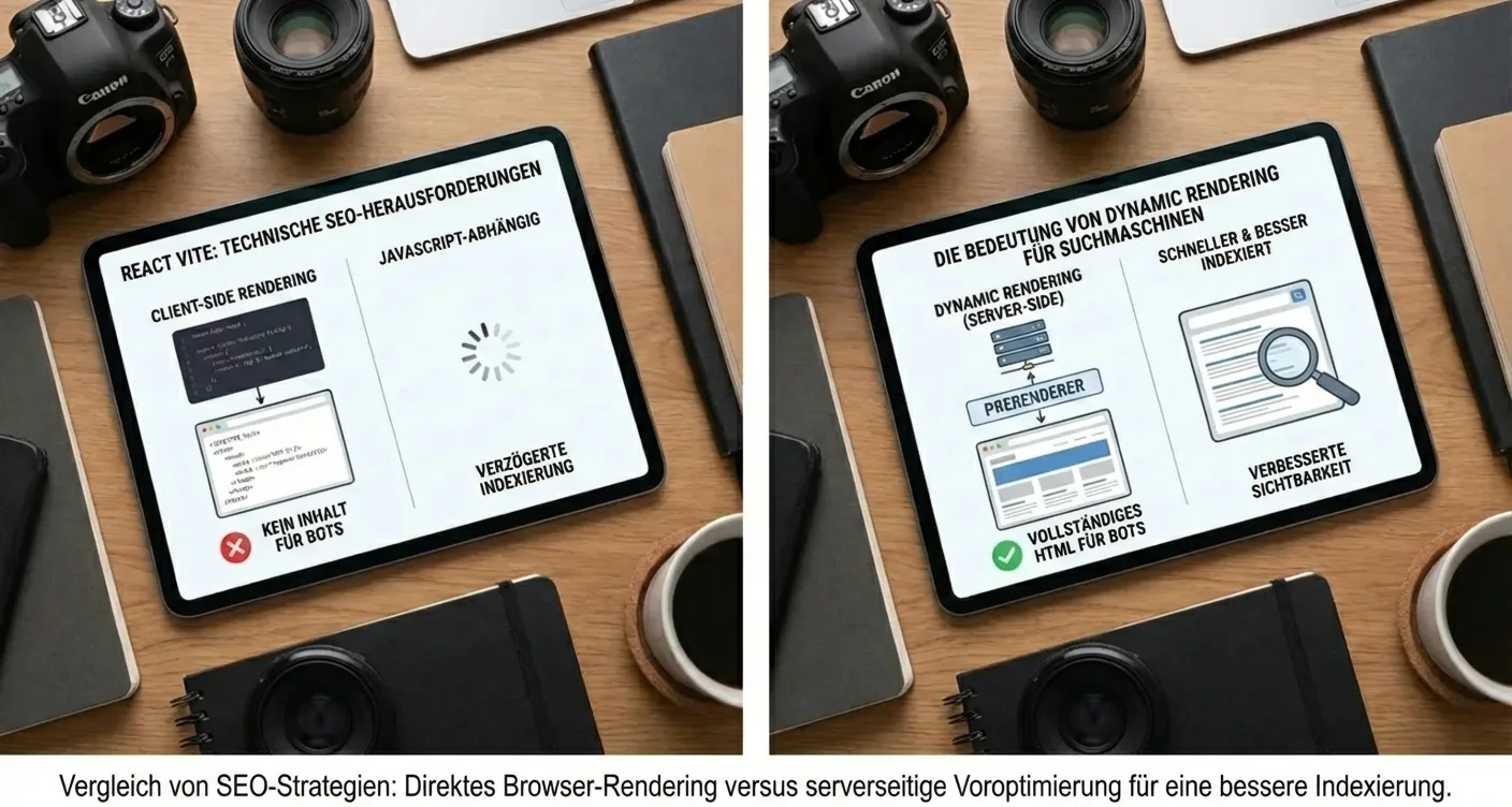 Technisches SEO für React Vite & Dynamic Rendering Vergleich zur Suchmaschinenoptimierung.