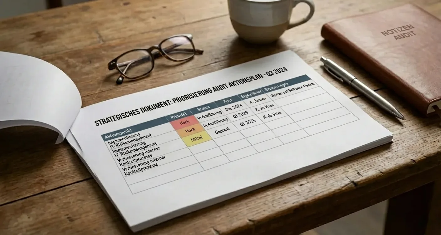 Strategiedokument mit Audit-Prioritäten auf Holztisch. Wichtige Maßnahmen für Compliance.