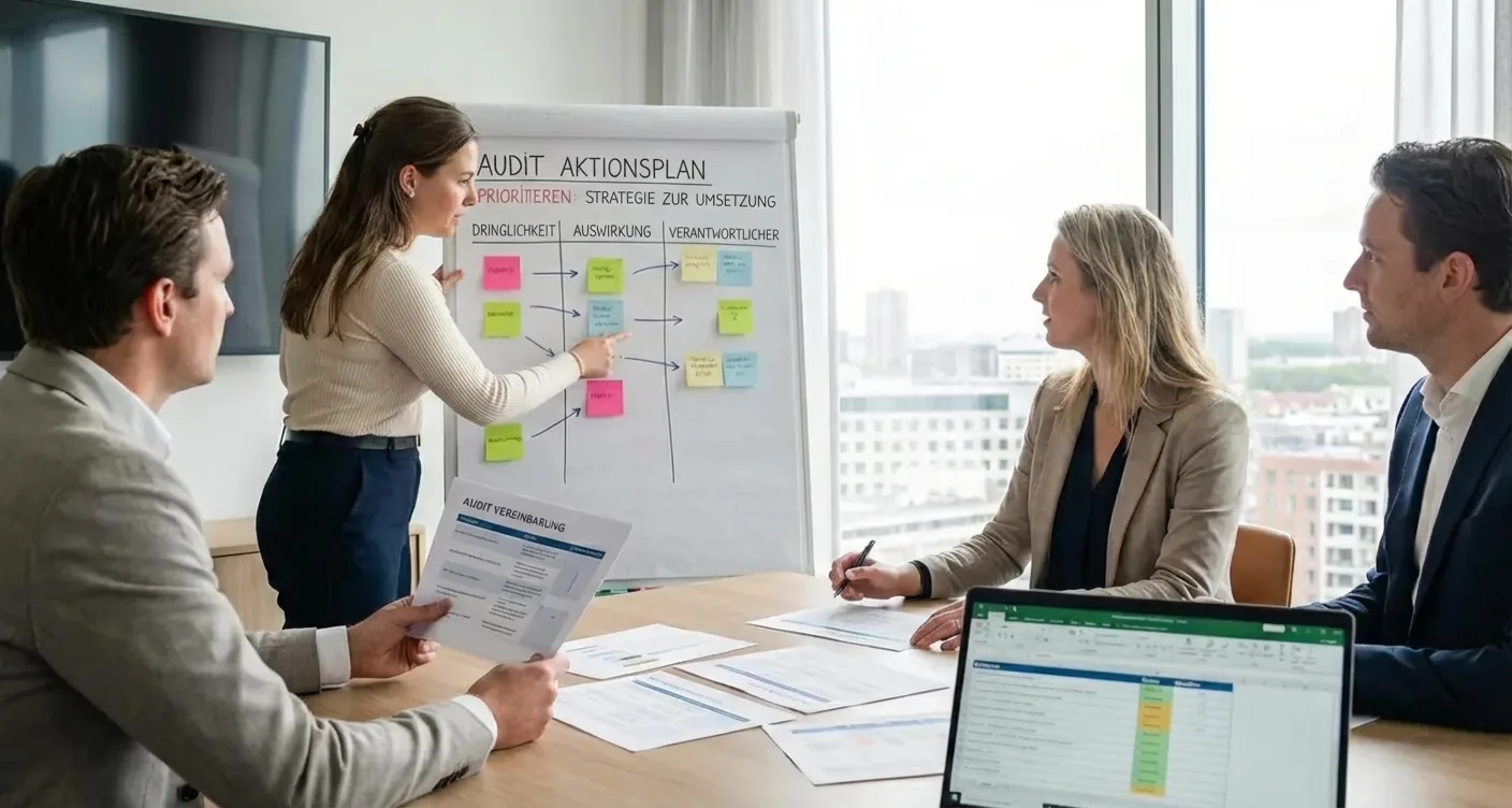 Dynamisches Team plant Audit-Aktionsplan und bespricht nächste Schritte. Fokus auf strategische Priorisierung.