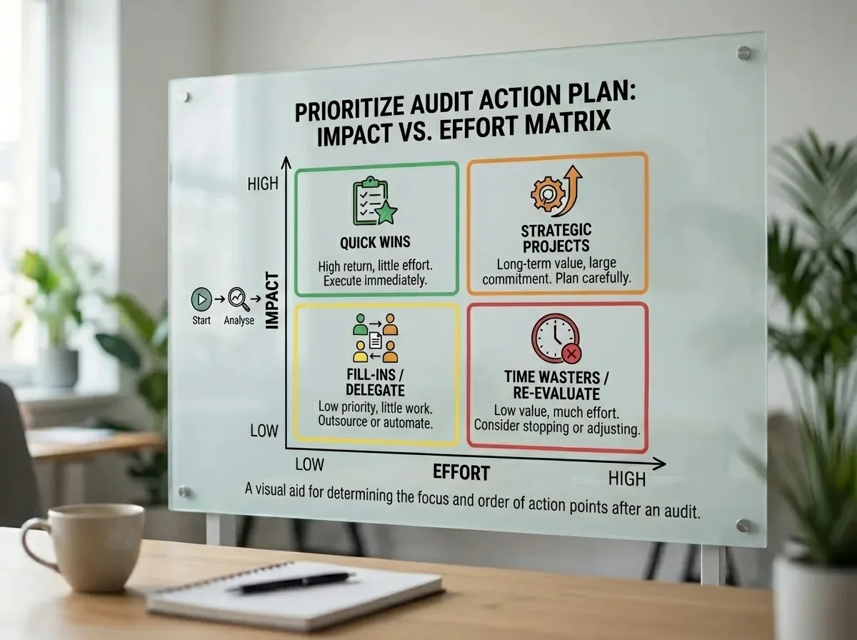 Audit action plan prioritization infographic with impact vs effort matrix for strategic planning.
