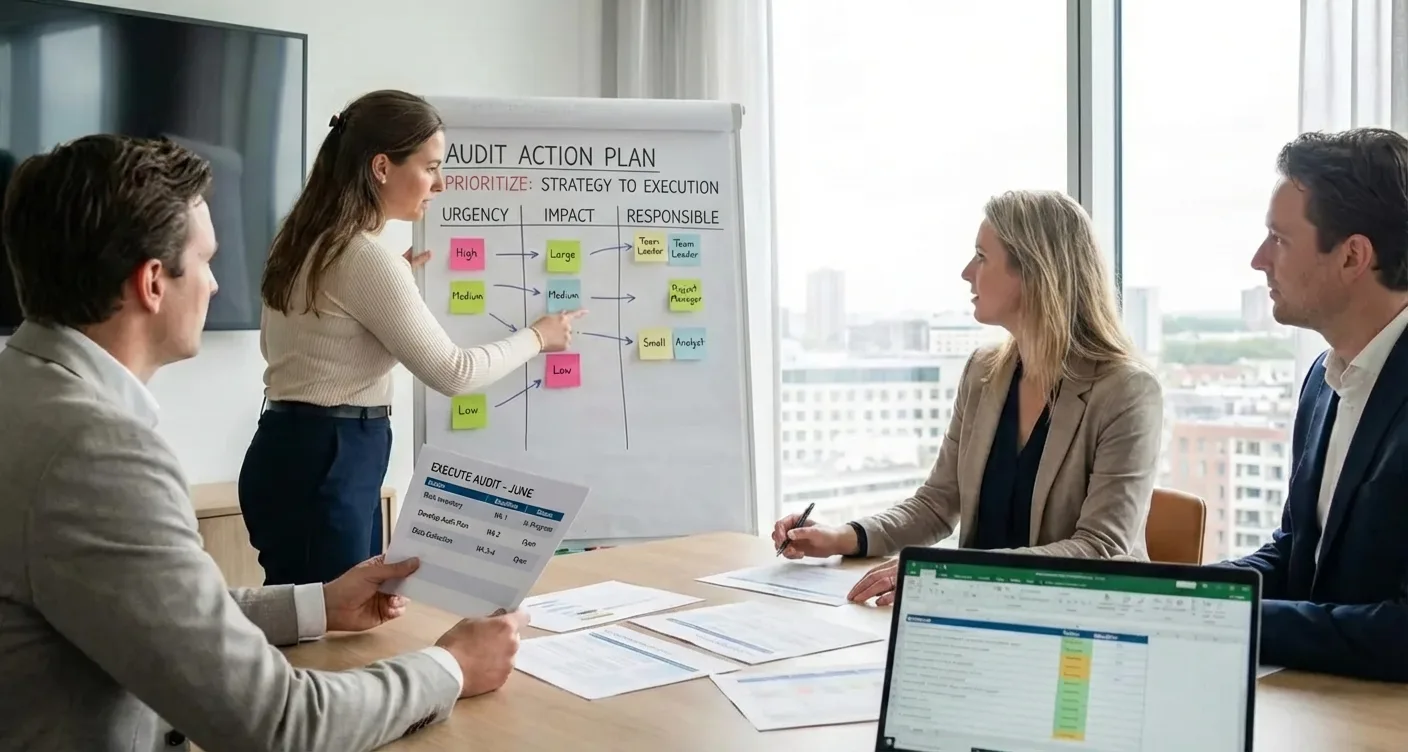 Business team collaborating on audit action plan prioritization, discussing strategic execution in a