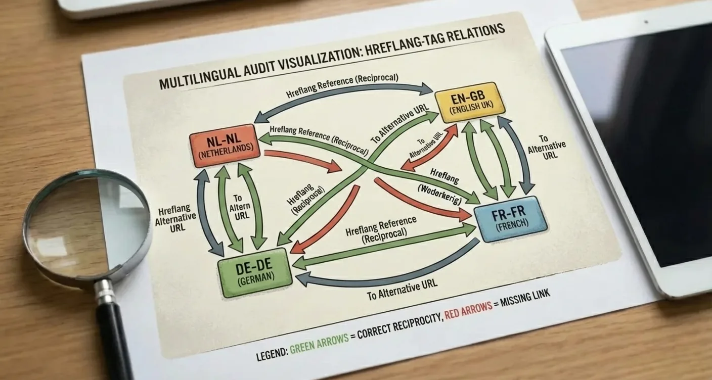 Multilingual website SEO audit diagram detailing hreflang implementation for international SEO.