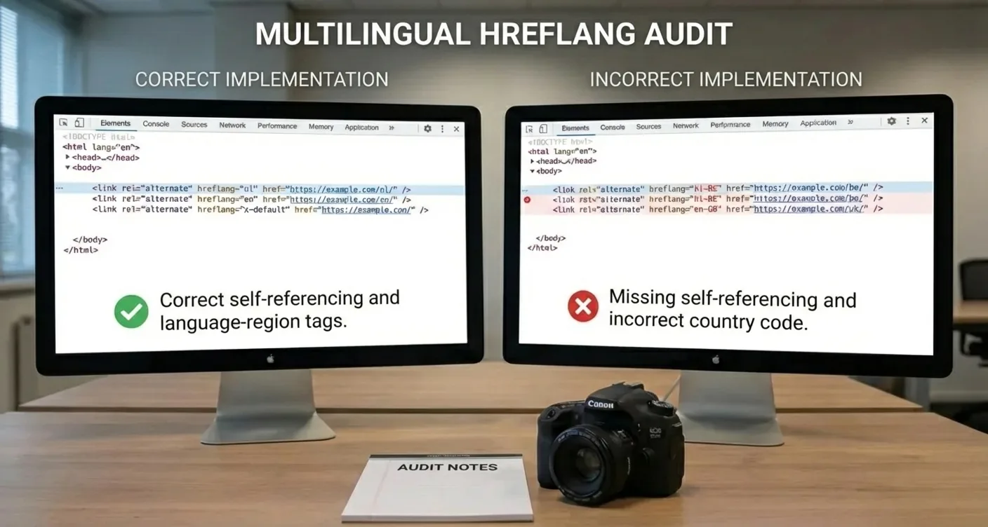 Correct vs incorrect hreflang implementation shown during a multilingual technical SEO audit.