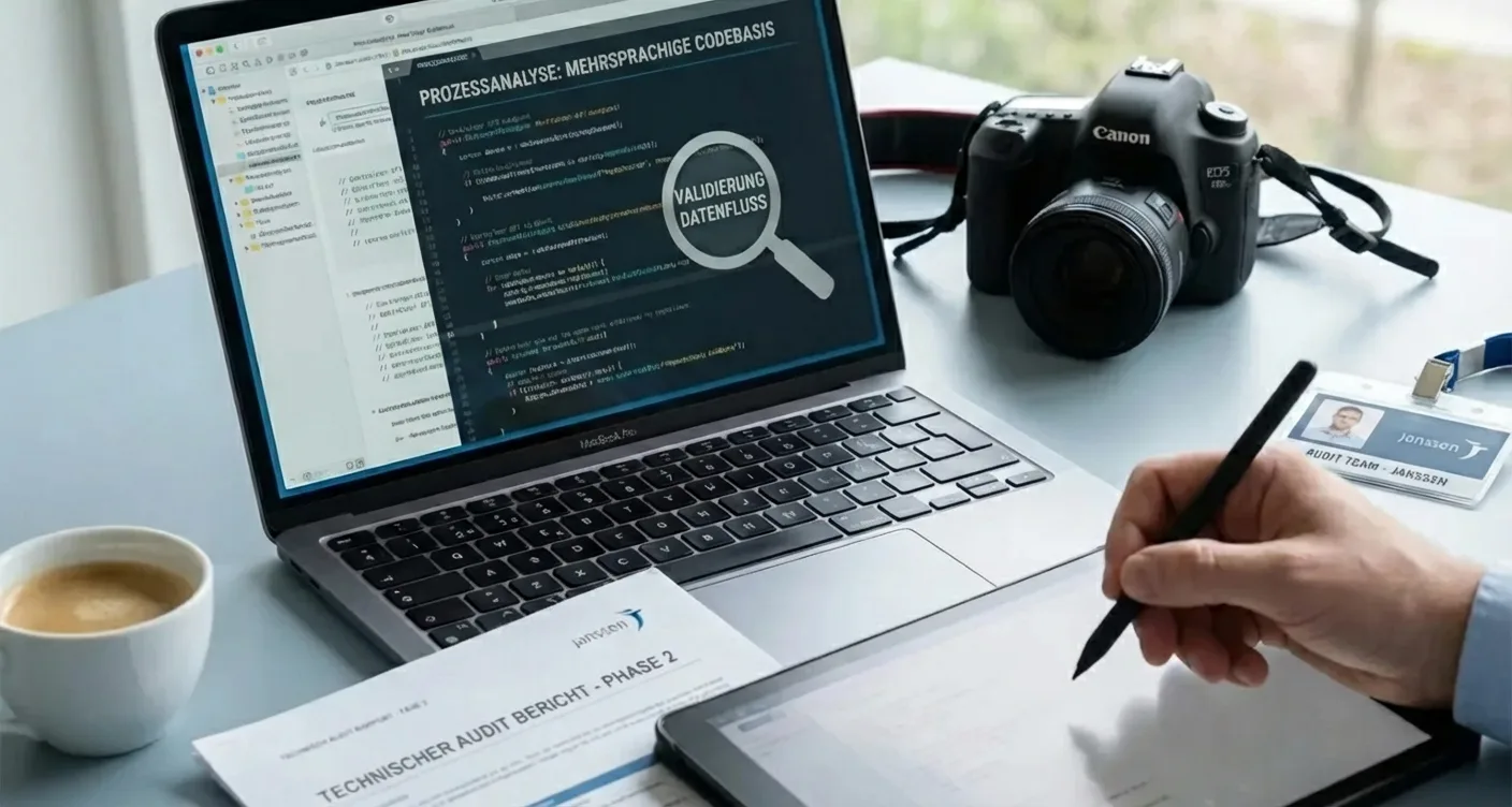 Technisches SEO Audit: Nahaufnahme der Code-Analyse einer mehrsprachigen Website zur Optimierung und Fehlerbehebung.