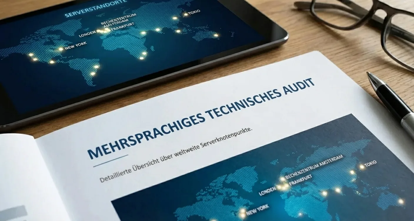 Professionelles technisches Audit: mehrsprachige Analyse auf Weltkarte mit leuchtenden Serverknoten.