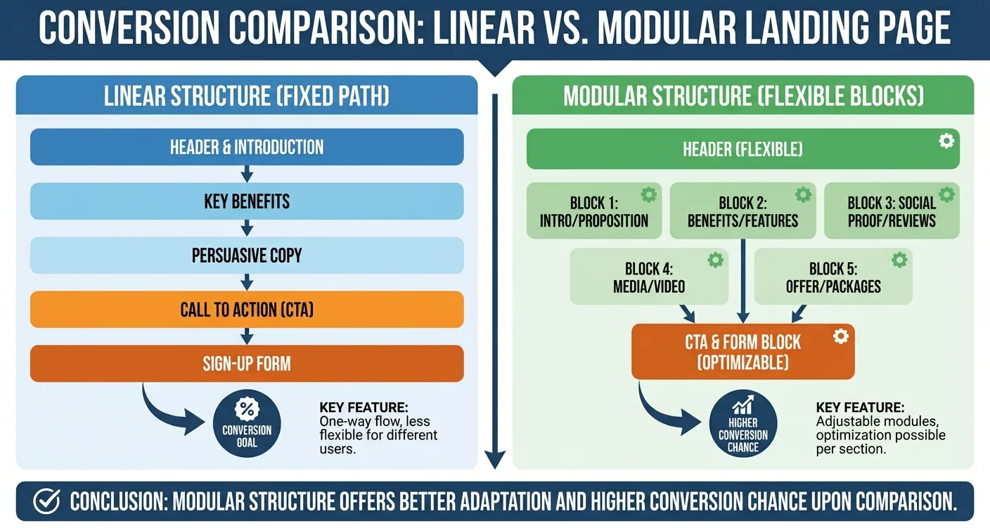 Infographic comparing linear vs modular landing page structures, highlighting which website layout drives better lead generation and conversions.