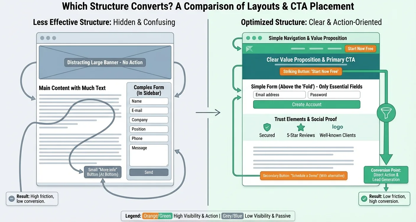 Infographic showing optimal CTA button & form placement, highlighting best converting website elements for lead generation.