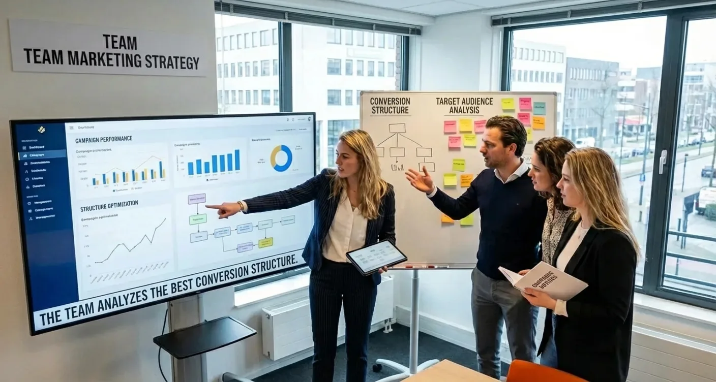 Marketing team analyzing data to optimize website structure for high conversions in digital campaigns.