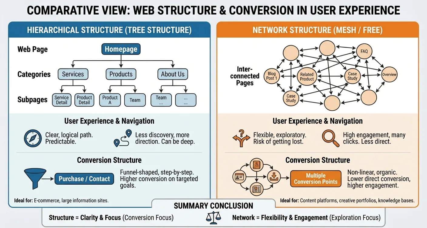 Side-by-side website structure comparison for optimal UX, navigation, and high conversion rates with professional design.