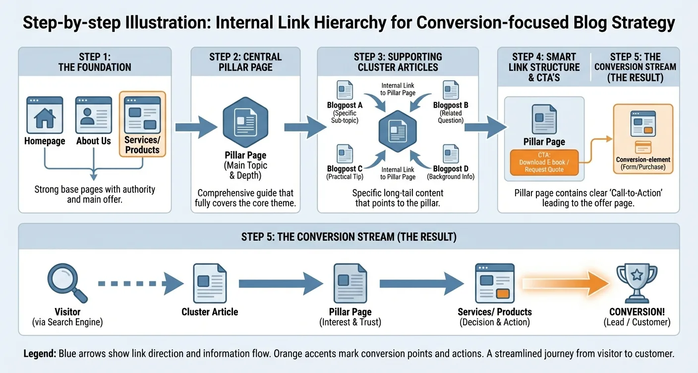 SEO internal link hierarchy illustration for optimal website structure and blog strategy to boost conversions.