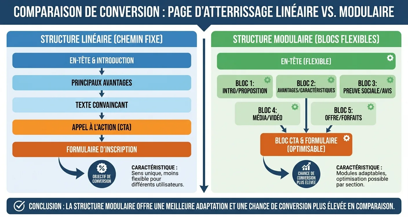 Infographie comparant les structures de page de destination (linéaire, modulaire) pour optimiser la conversion.