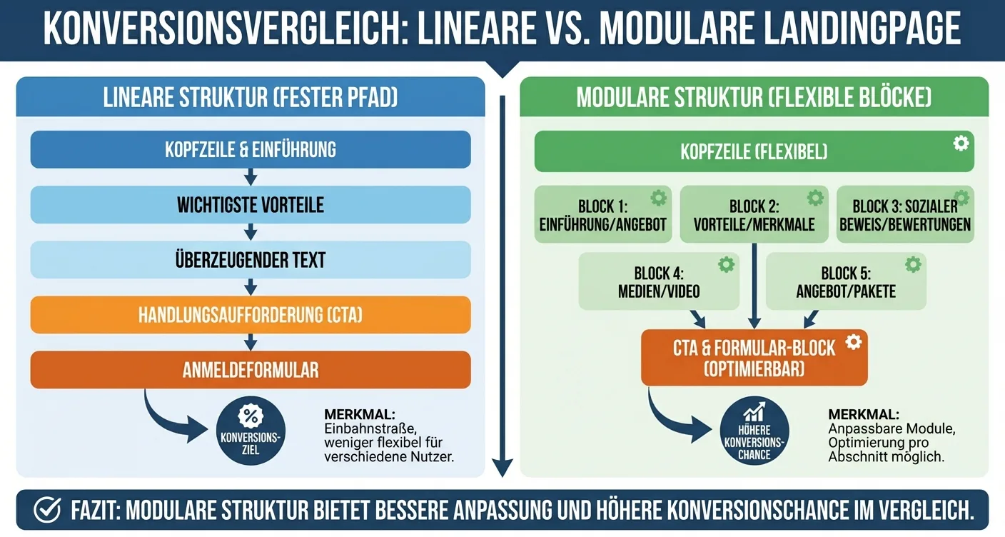 Infografik: Vergleich lineare vs. modulare Landingpage-Struktur für Konversionsoptimierung.