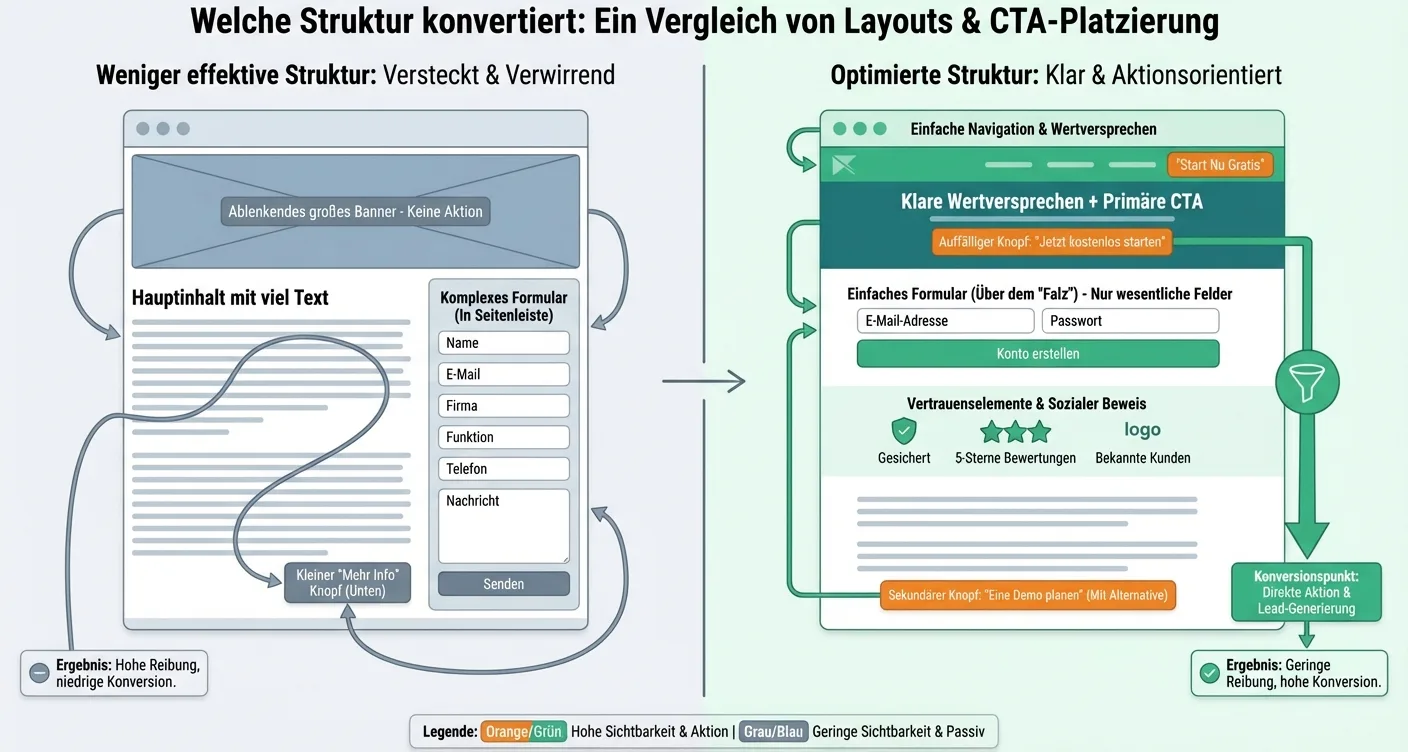 Infografik: Optimale Website-Struktur für hohe Konversion mit CTA-Buttons und Formularen.