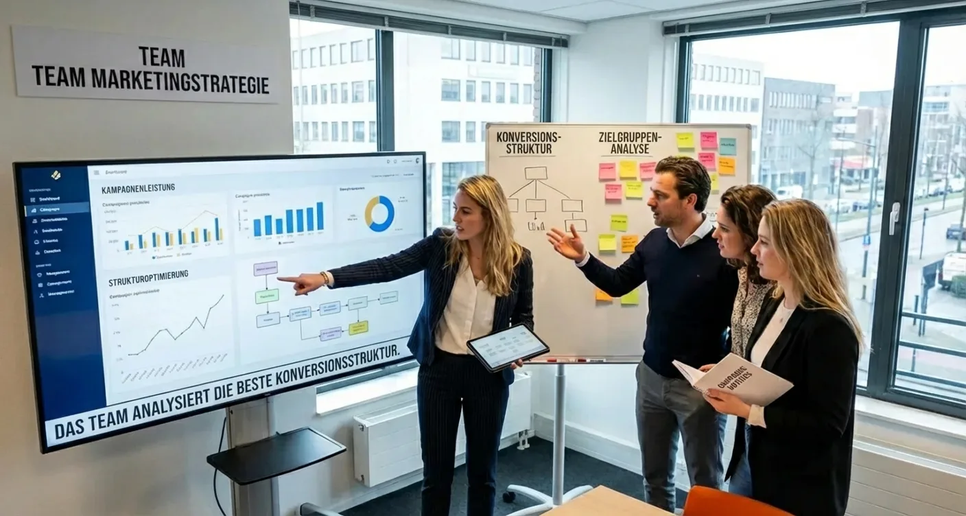 Dynamisches Marketingteam plant Kampagnenstrategie zur Conversion-Optimierung in professionellem Meeting.