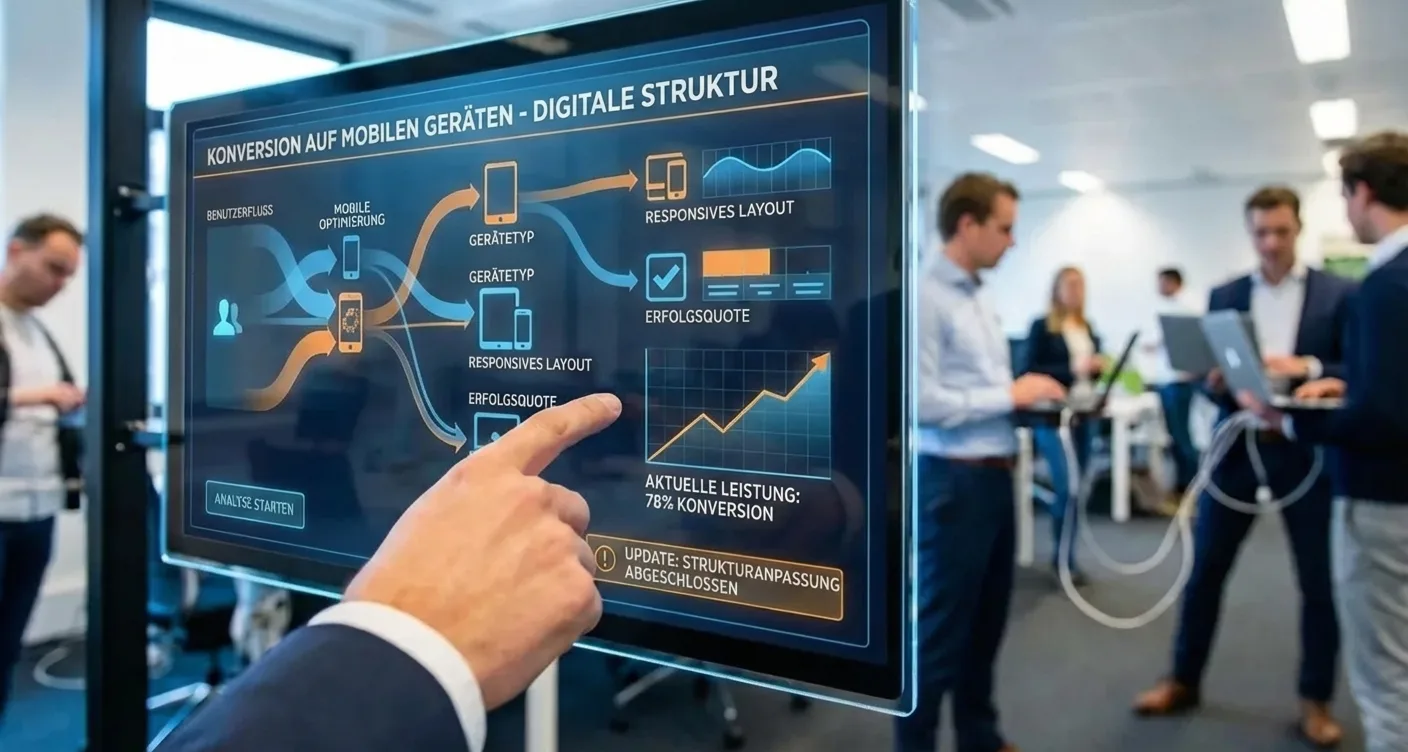 Dynamische digitale Oberfläche mit professionellem Webdesign, das optimale Struktur für hohe mobile Konversionsraten und exzellente User Experience zeigt.
