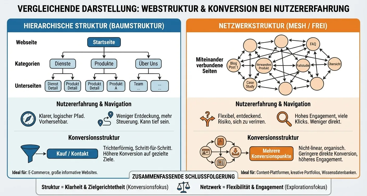 Side-by-Side-Vergleich von Website-Strukturen für bessere UX, Navigation und höhere Conversion-Raten.