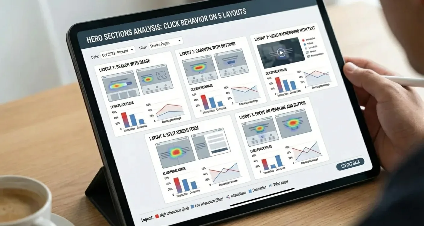 Analytics dashboard showing interaction and click behavior data for hero sections on service pages.