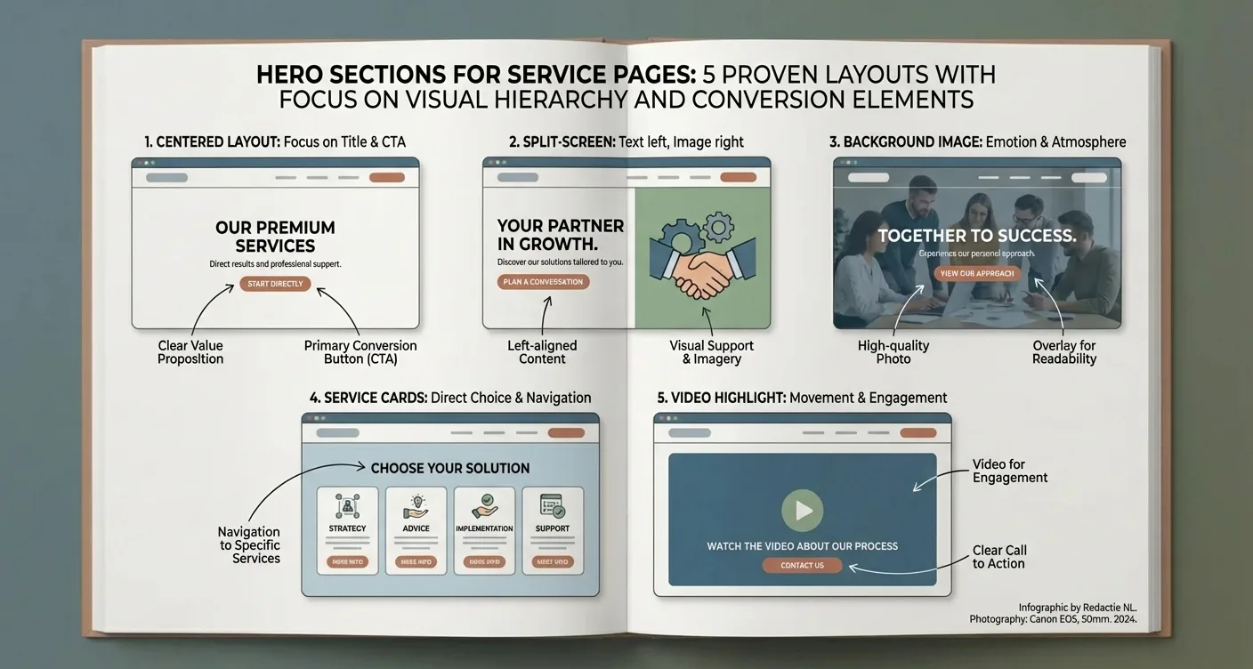 Infographic: optimizing hero sections for service pages with visual hierarchy & conversion elements for professional web design.