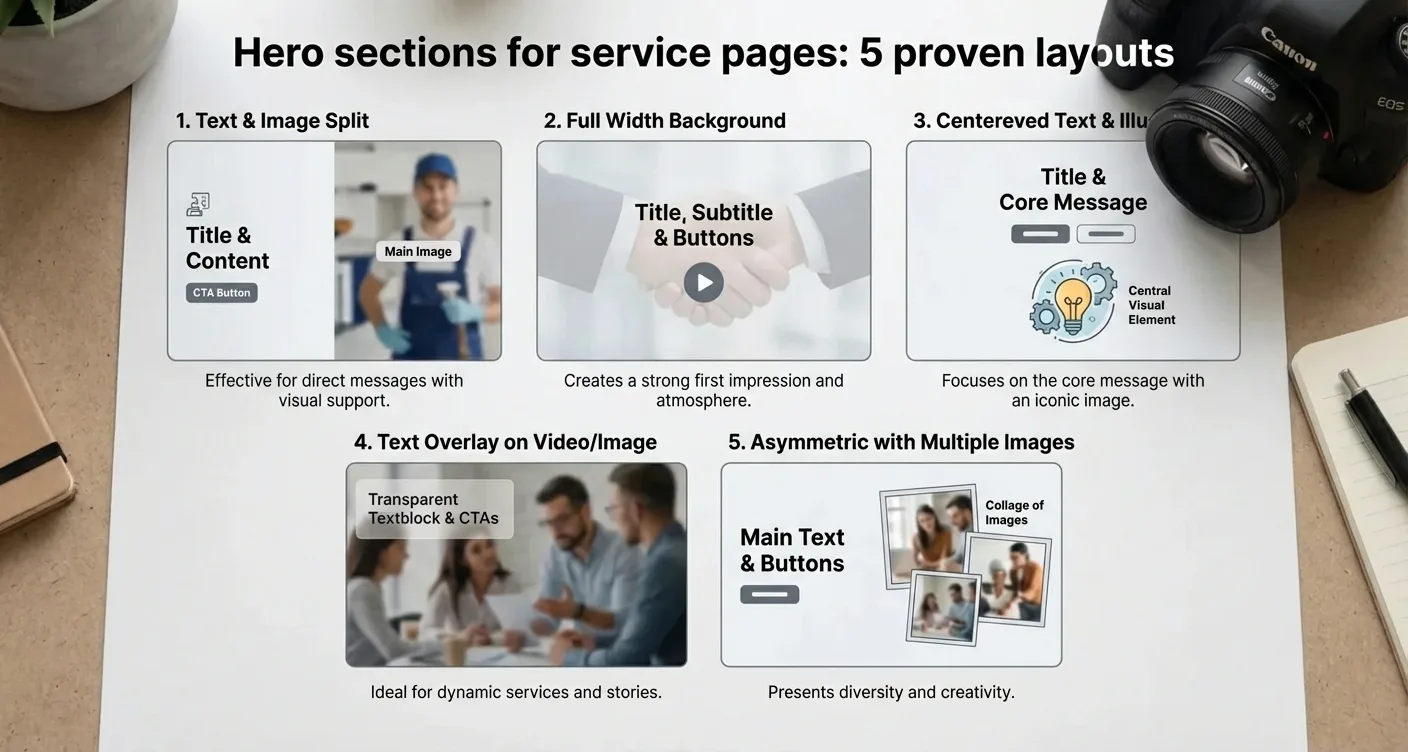 Infographic showcasing 5 professional structural models for service page hero sections. Website layout design examples.