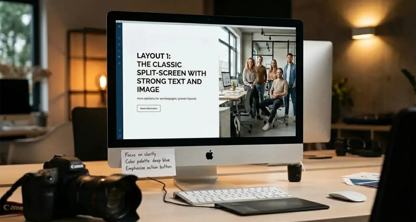 Classic split-screen hero section design example in a modern office, featuring powerful text and visuals.