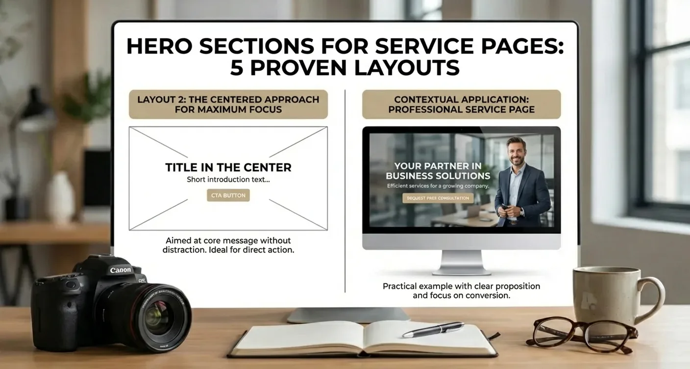 Side-by-side comparison of Layout 2: centered hero section for service pages, optimizing focus and professional web design.