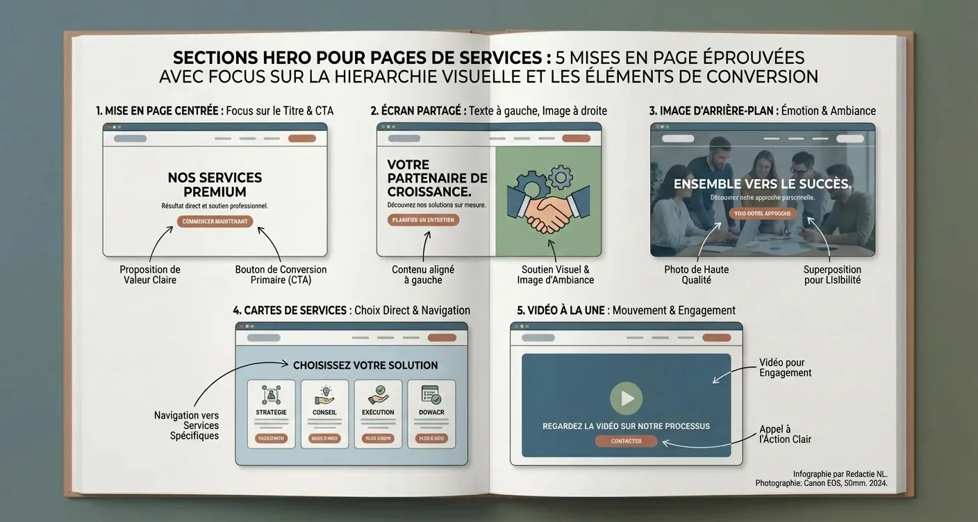 Infographie : 5 modèles de sections hero optimisés pour pages de services, avec hiérarchie visuelle et éléments de conversion.