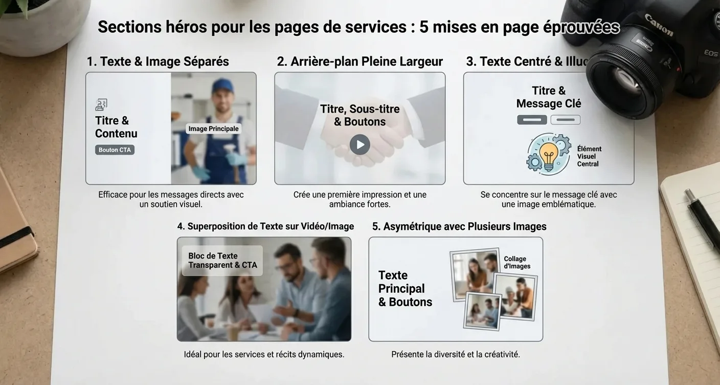 Infographie: 5 modèles éprouvés de sections hero pour pages de services. Design web professionnel et efficace.