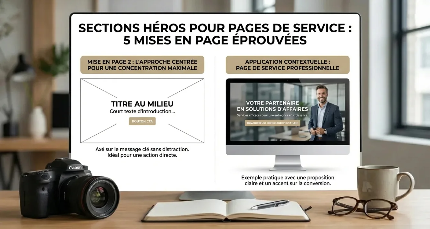 Comparaison de 5 layouts Hero percutants pour pages de services. Découvrez le design 2 pour votre site web.