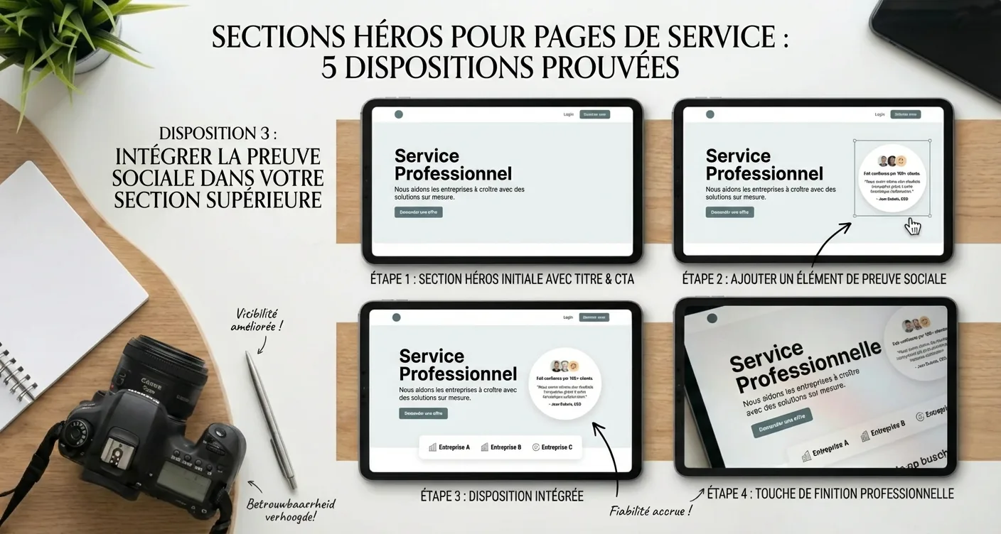 Layout 3 de section Hero pour page de services : intégrez la preuve sociale pour un design web professionnel et percutant.