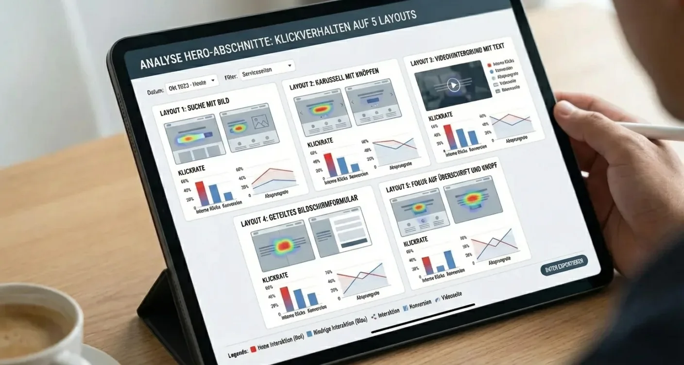 Analyse-Dashboard zur Optimierung von Hero-Sektionen auf Dienstleistungsseiten: Klickverhalten der 5 besten Layouts.