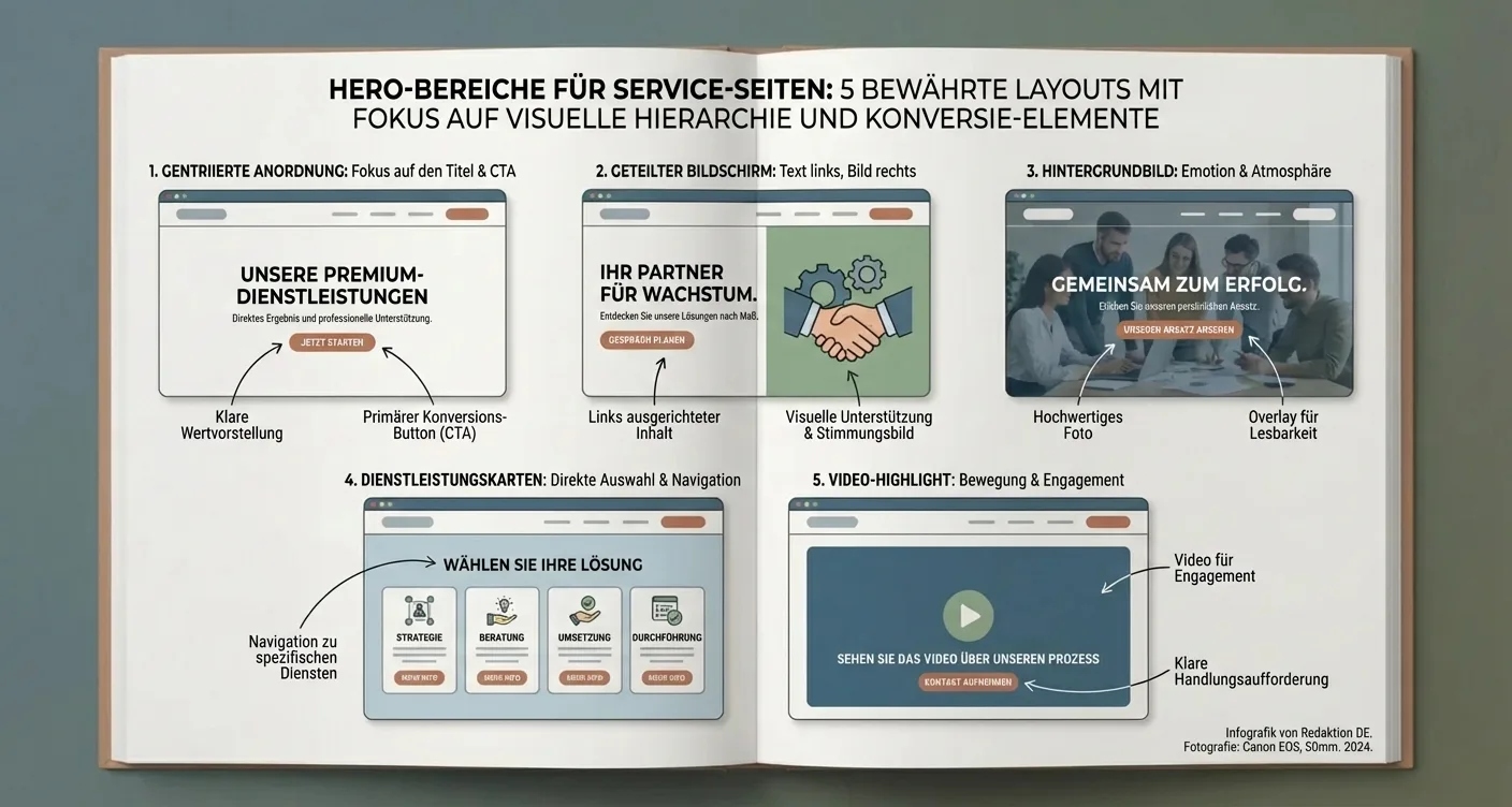Infografik: 5 bewährte Hero-Sektion Layouts für Dienstleistungsseiten. Optimierung für visuelle Hierarchie und Conversion-Elemente.