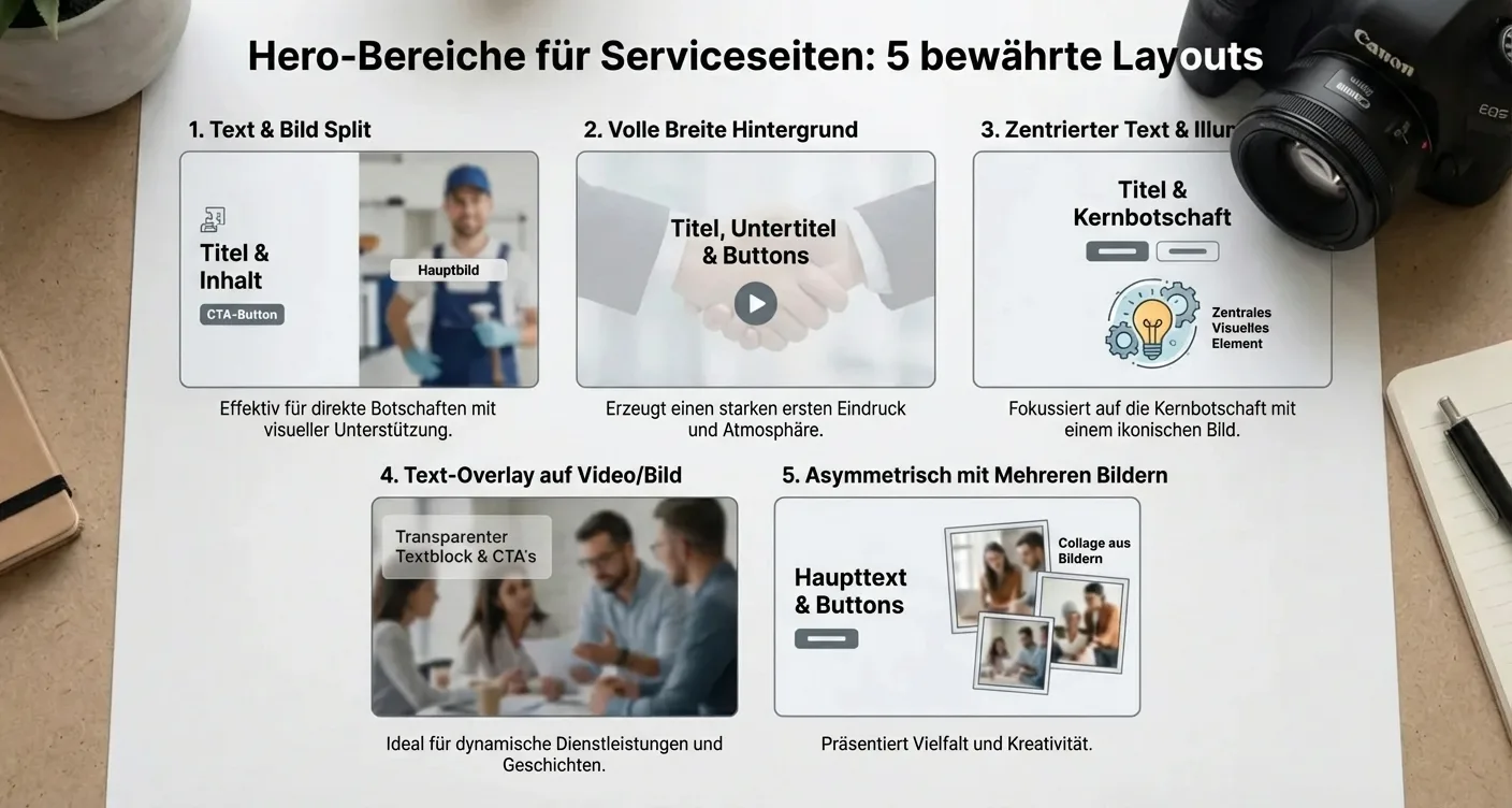 Infografik: 5 optimale Hero-Sektion Layouts für Dienstleistungs-Websites. Best Practices und Strukturmodelle für mehr Conversions.