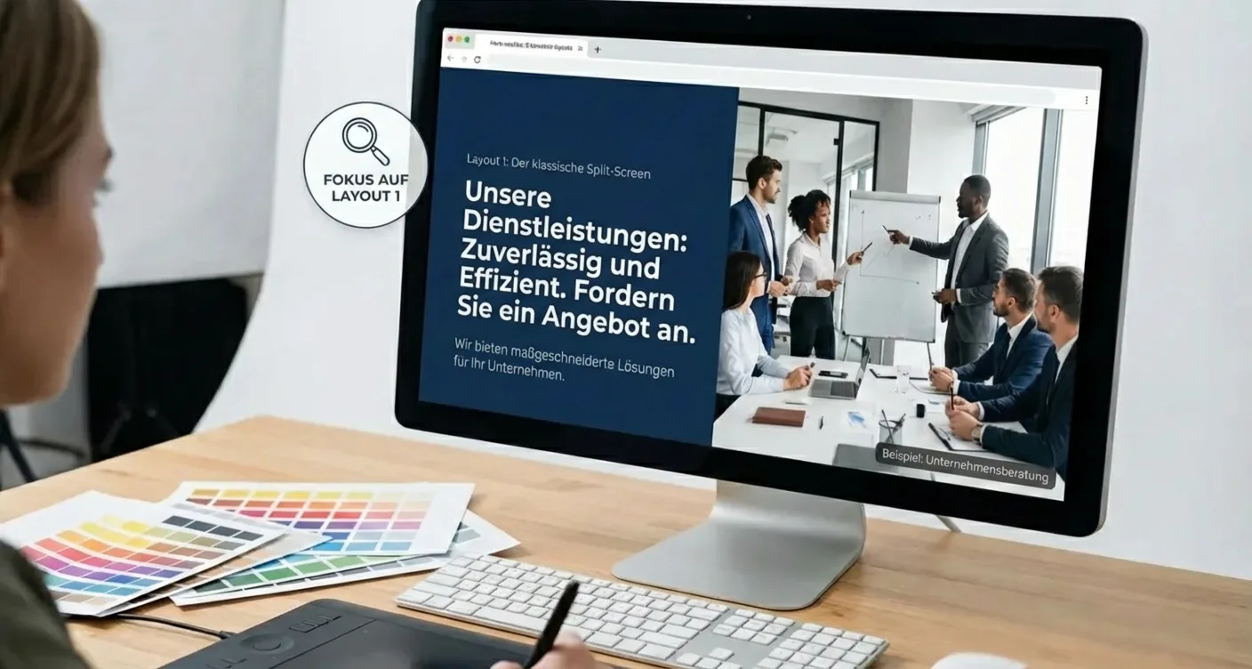 Dynamisches Hero-Bereich Layout für Dienstleistungsseiten: Split-Screen Design mit Text & Bild für modernes, professionelles Webdesign.