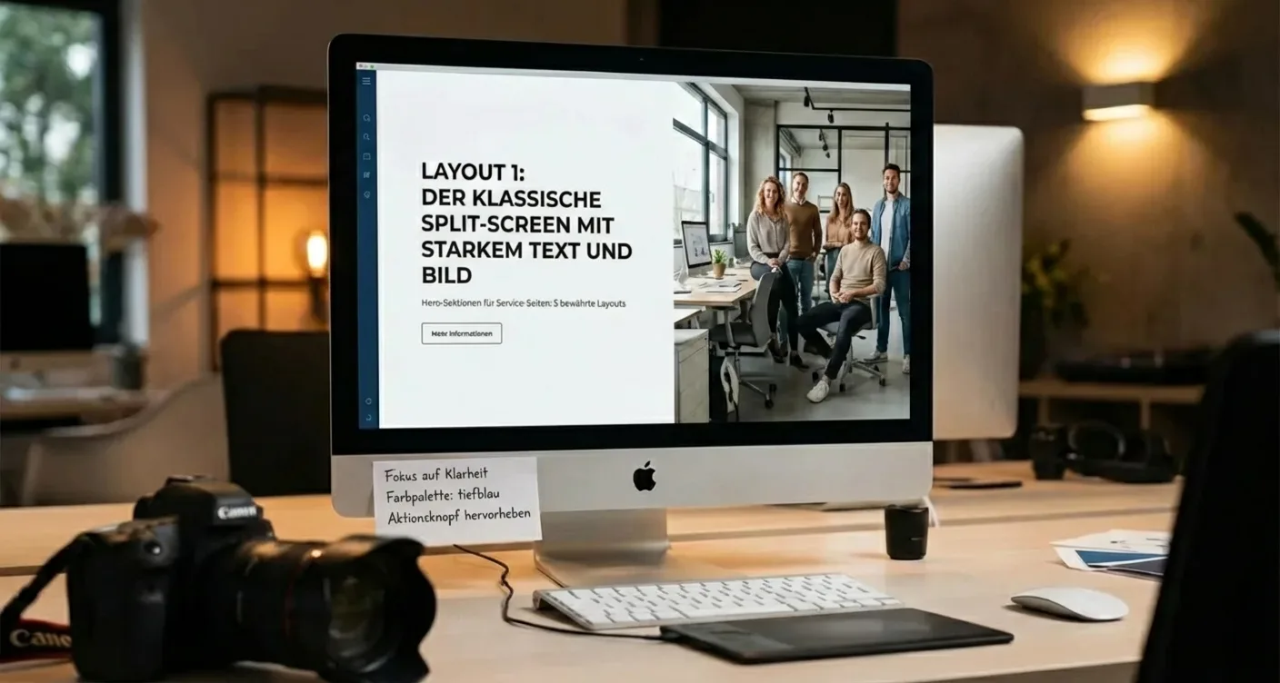 Hero-Bereich: dynamisches Split-Screen-Layout für Dienstleistungsseiten, zeigt modernes Büro und starke Text-Bild-Präsentation.