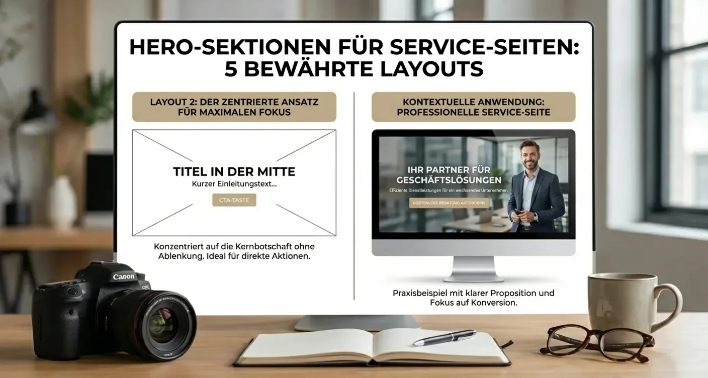 Vergleich Hero-Sektionen für Dienstleistungsseiten: Layout 2 mit zentriertem Design, maximaler Fokus, professioneller Auftritt.