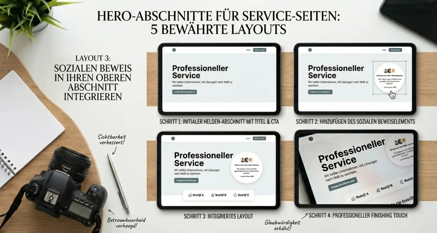 Designbeispiel für Hero-Sektionen von Dienstleistungsseiten: Layout 3 mit Social Proof zur Vertrauensbildung und professionellem Webdesign.
