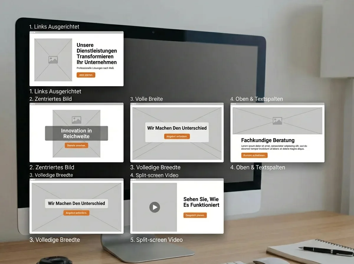 Professionelle Hero-Sektionen für Dienstleistungsseiten: 5 bewährte Webdesign-Layouts mit klarem CTA und aussagekräftiger Überschrift.