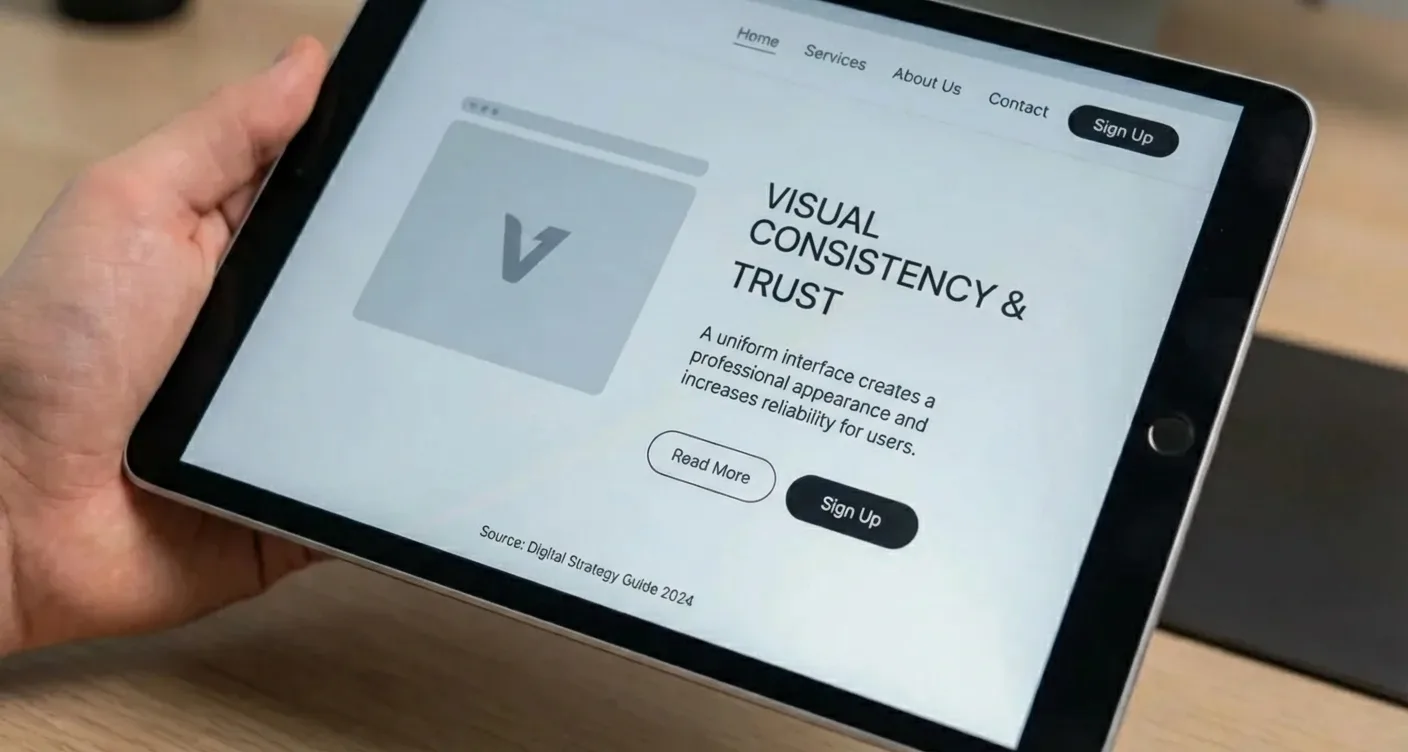 Professional UI design close-up: clean interface with consistent buttons & fonts, building trust through visual consistency.