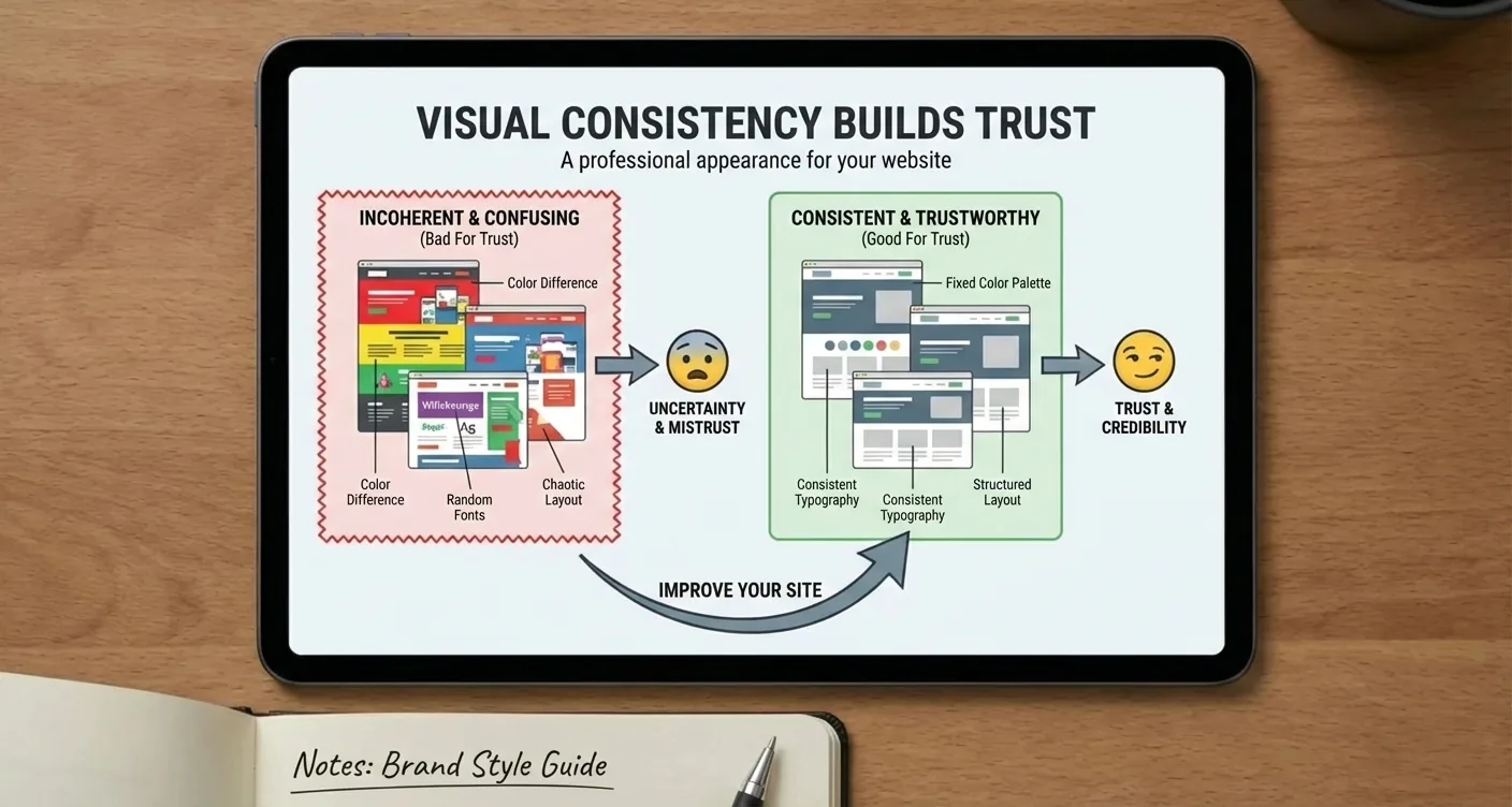 Infographic: Visual consistency boosts website trust, visitor engagement, and professional appearance for better UX.