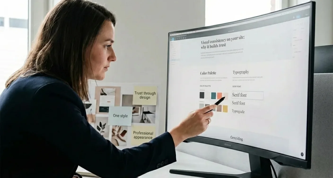 Designer creating consistent website branding with color schemes & typography on screen, enhancing user trust and a professional look.
